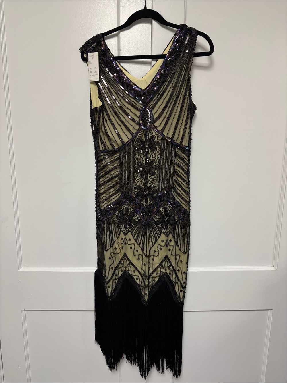 NWT Beaded Black and Taupe Flapper Dress with Fringe